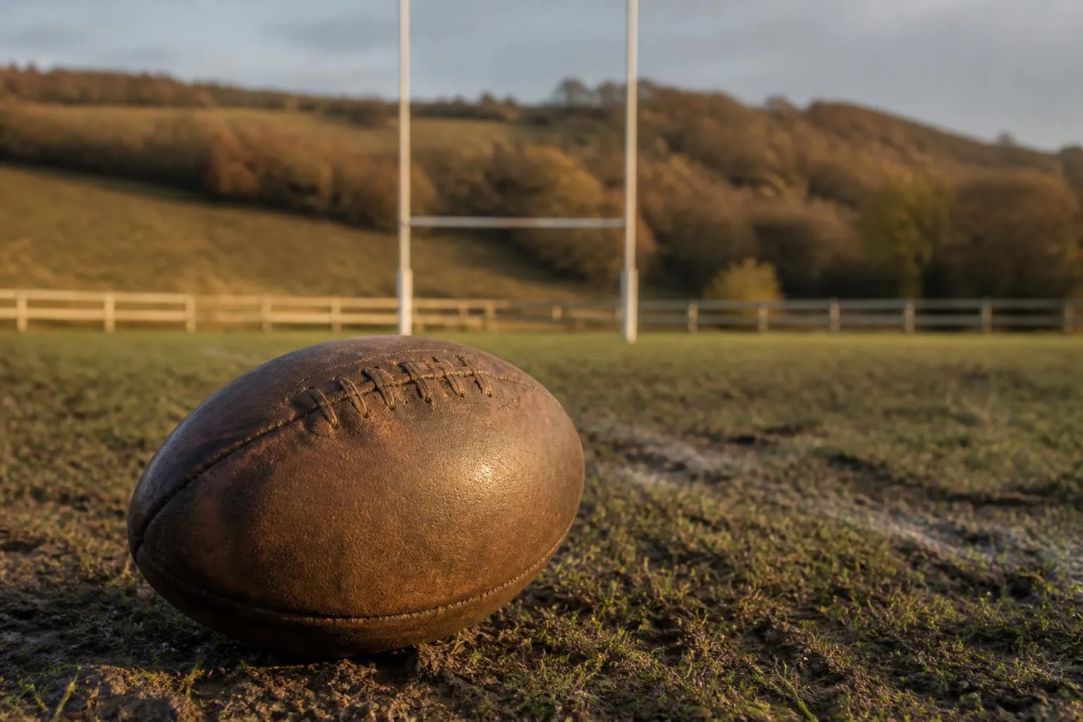 Ballon de rugby posé dans l'herbe d'un terrain de club, poteaux en H au fond