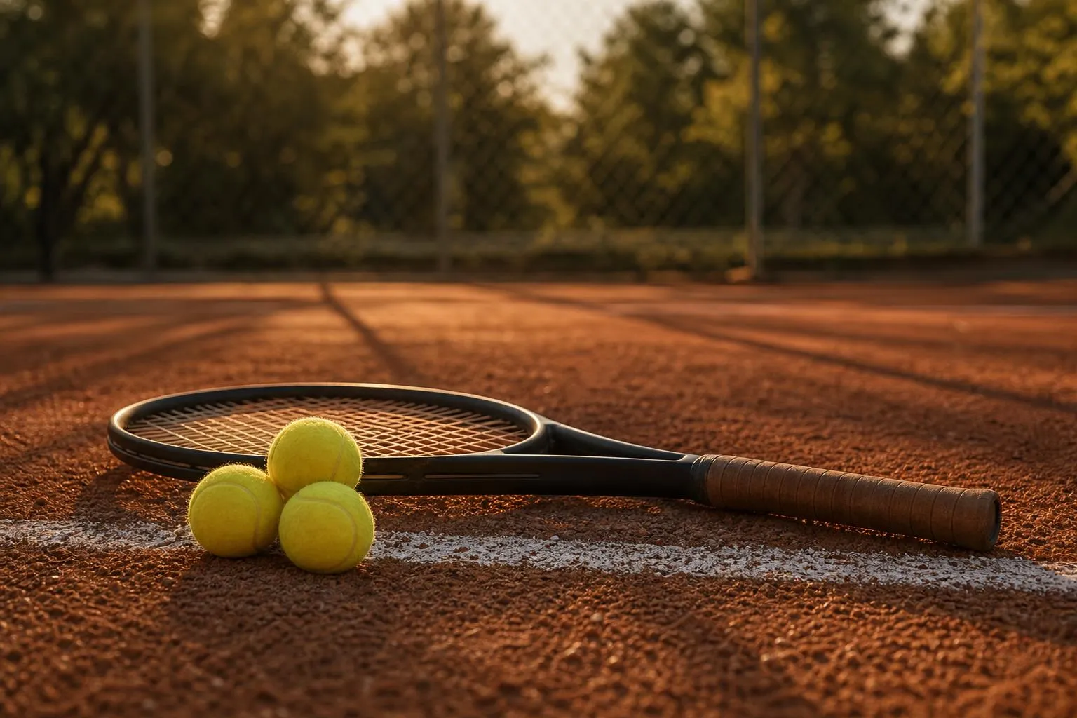 Une raquette et trois balles neuves posées sur la terre battue d'un court de club, près de la ligne de fond