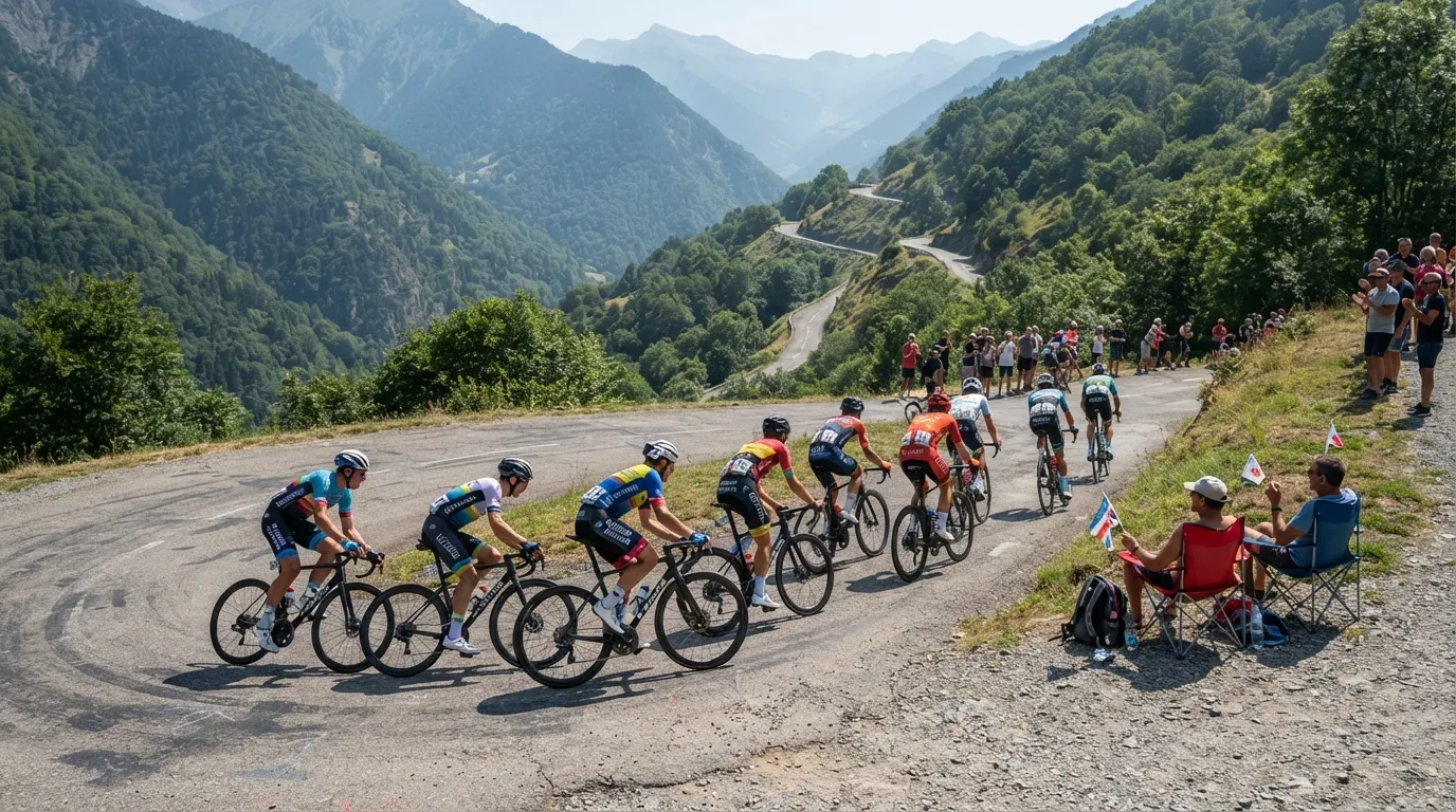 Peloton amateur dans un lacet de col pyrénéen, quelques spectateurs au bord de la route