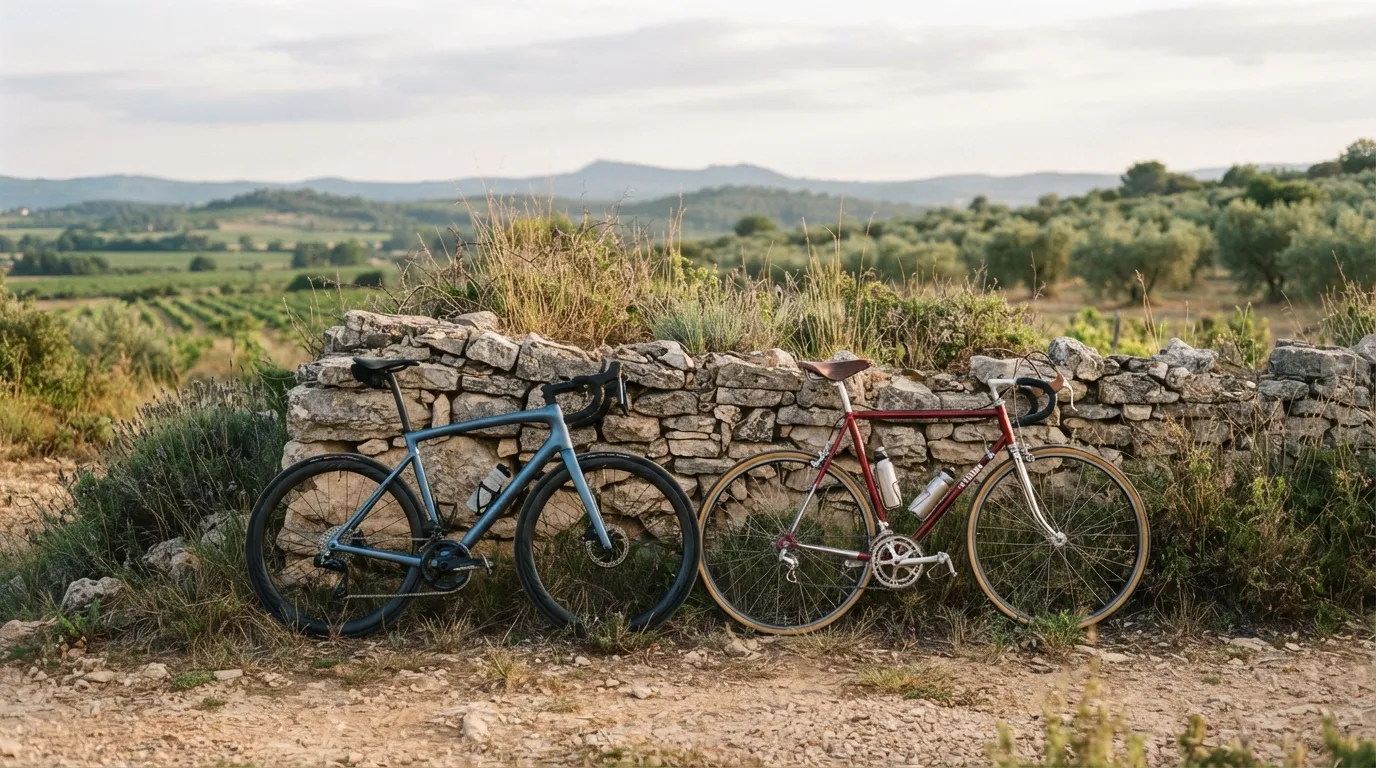 Deux vélos de route, l’un bleu acier et l’autre rouge, appuyés contre un mur de pierres sèches en garrigue