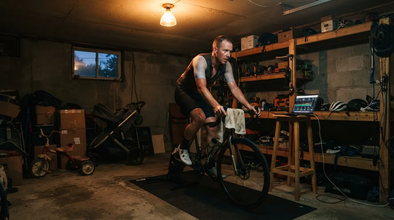 Cycliste sur home trainer dans un garage à l’aube, tricycle d’enfant dans un coin