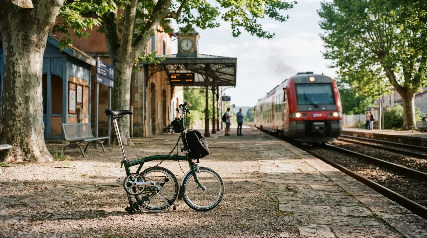Vélo pliant déplié sur le quai d’une petite gare régionale, train rouge à l’arrivée