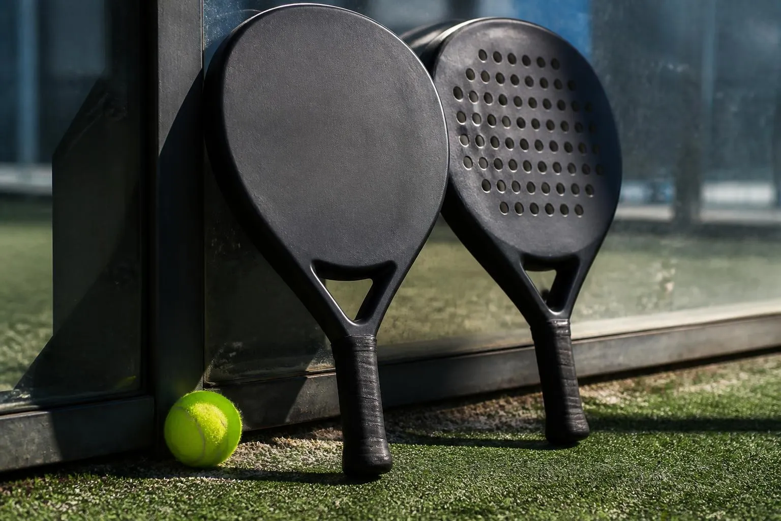 Une raquette de padel pleine posée contre la vitre du fond d'un terrain, une balle jaune arrêtée dans l'angle