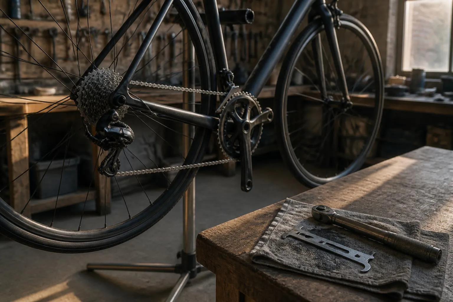 Vélo de route sur un pied d’atelier dans un garage, jauge d’usure de chaîne et clés posées sur l’établi