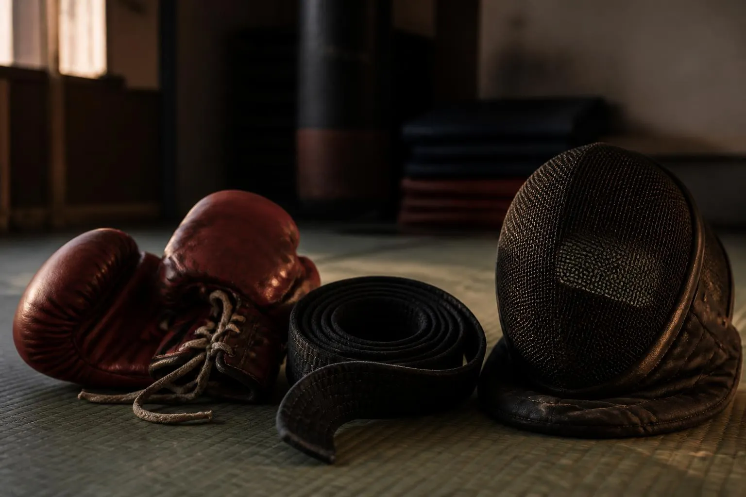 Gants de boxe usés, ceinture noire de judo enroulée et masque d'escrime posés côte à côte sur un tatami