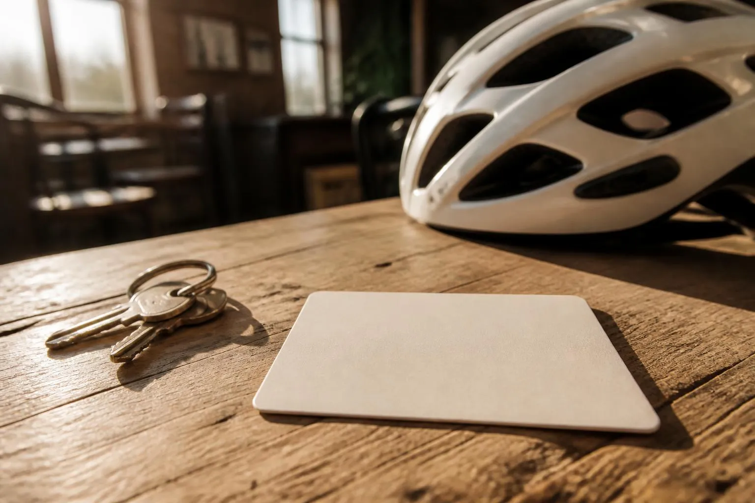 Une licence de club posée sur une table, à côté d'un casque de vélo et d'un trousseau de clés