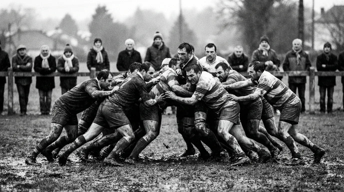Mêlée de rugby amateur sur un terrain boueux, spectateurs le long de la main courante