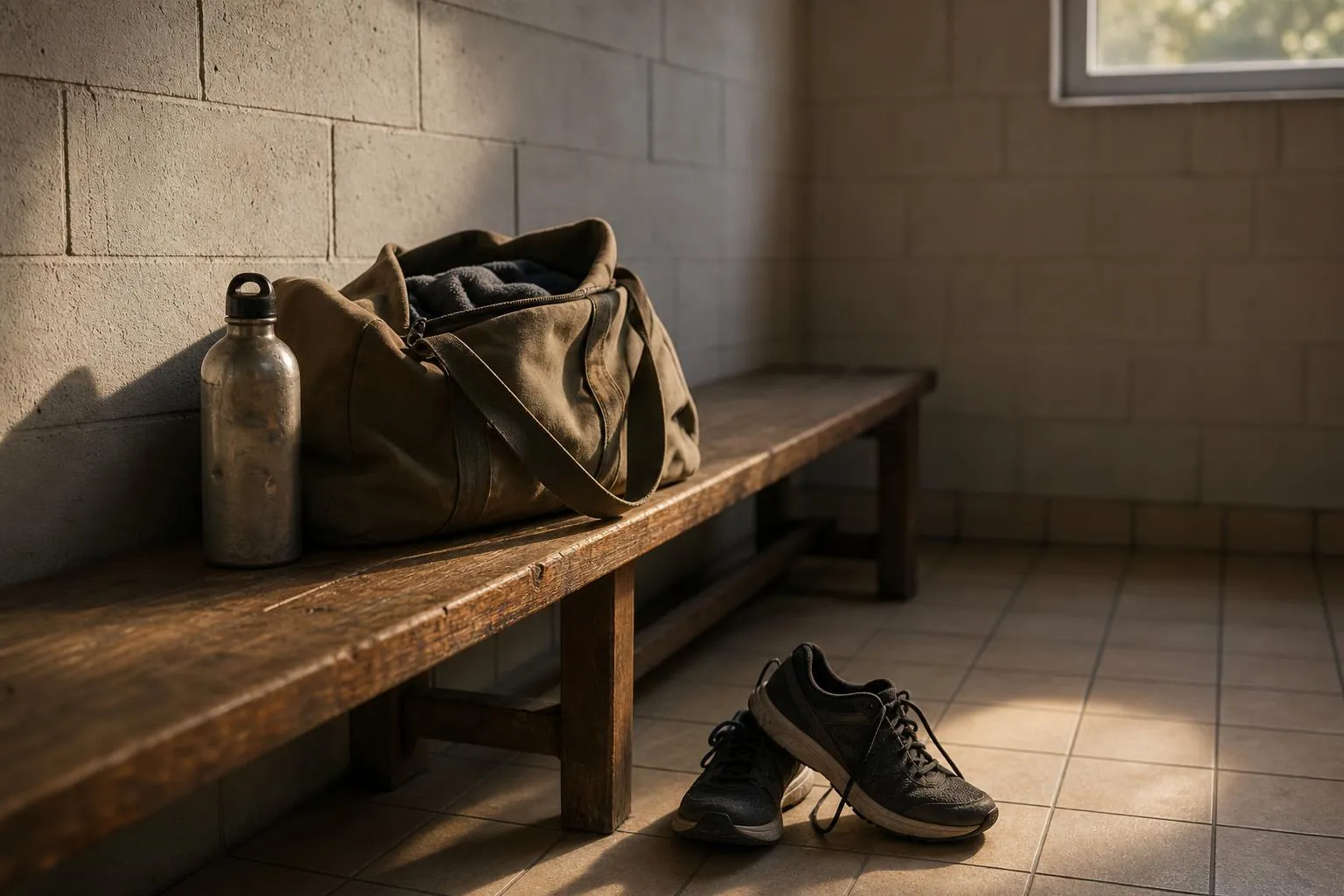 Un banc de vestiaire en bois avec un sac de sport ouvert, une gourde et une paire de chaussures posée au sol