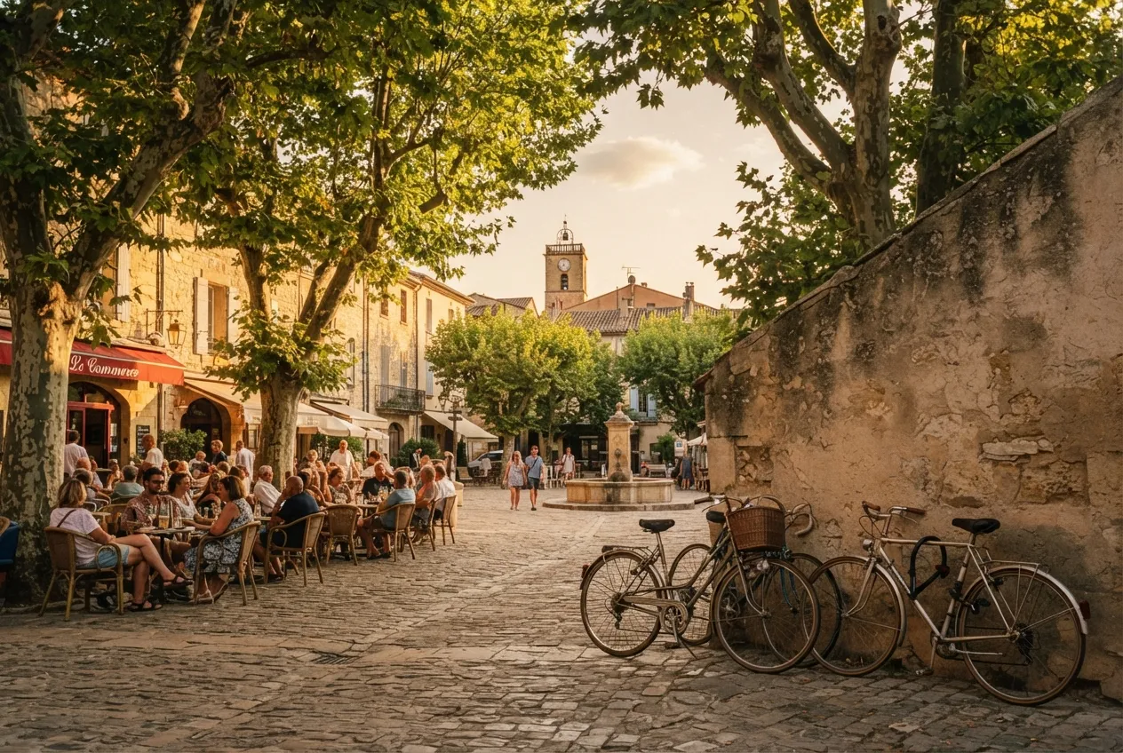 Place de village sous les platanes, terrasse de café et vélos appuyés contre un mur de pierre