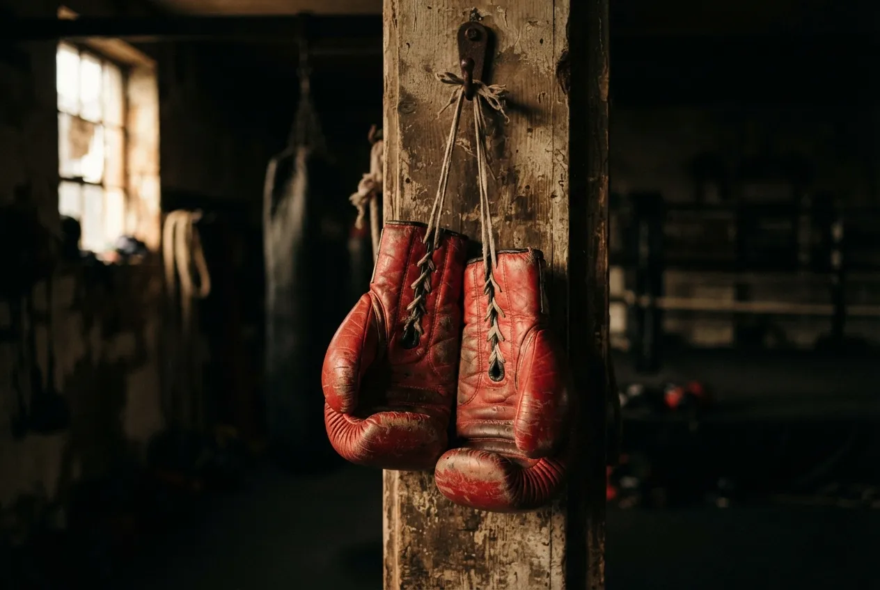 Paire de gants de boxe rouges suspendus à un poteau de bois dans une salle sombre