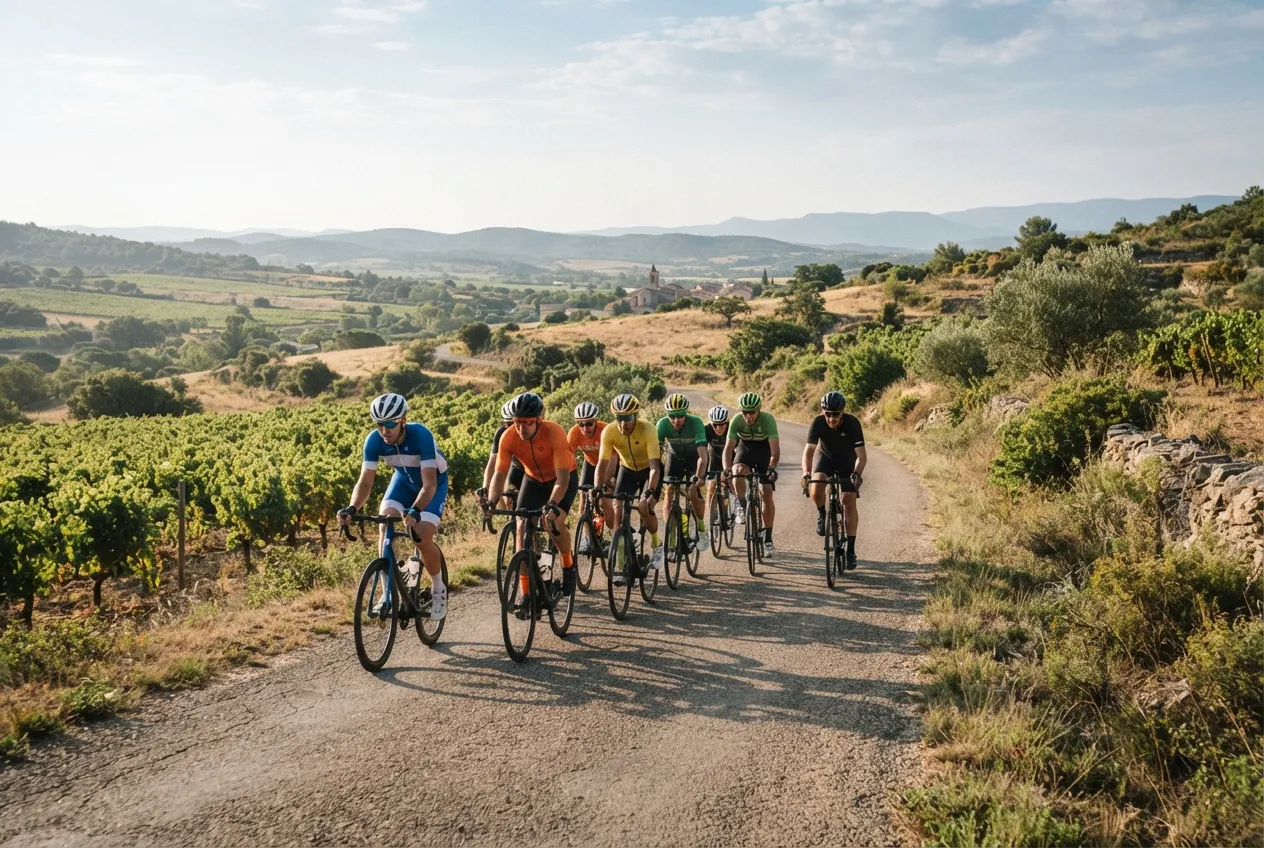 Peloton de cyclistes amateurs sur une petite route entre les vignes, village en fond
