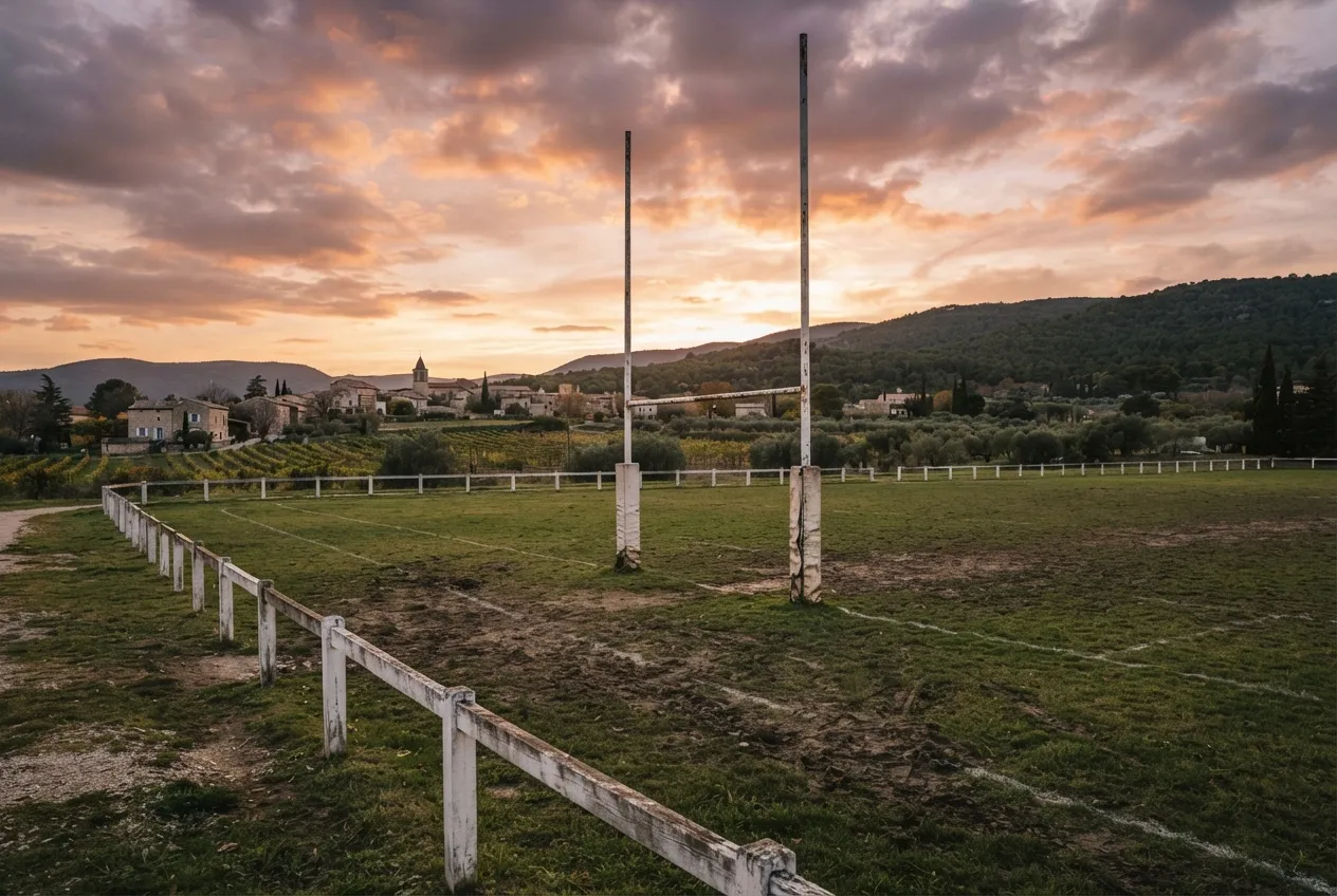 Poteaux de rugby d’un terrain de village au coucher du soleil, clocher et vignes derrière