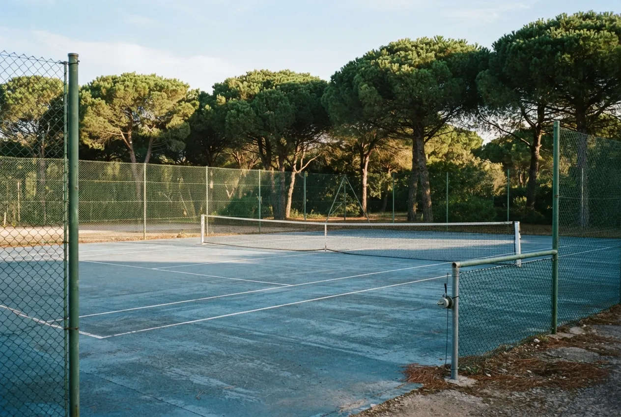 Court de tennis municipal en dur bleu, grillage vert et pins parasols