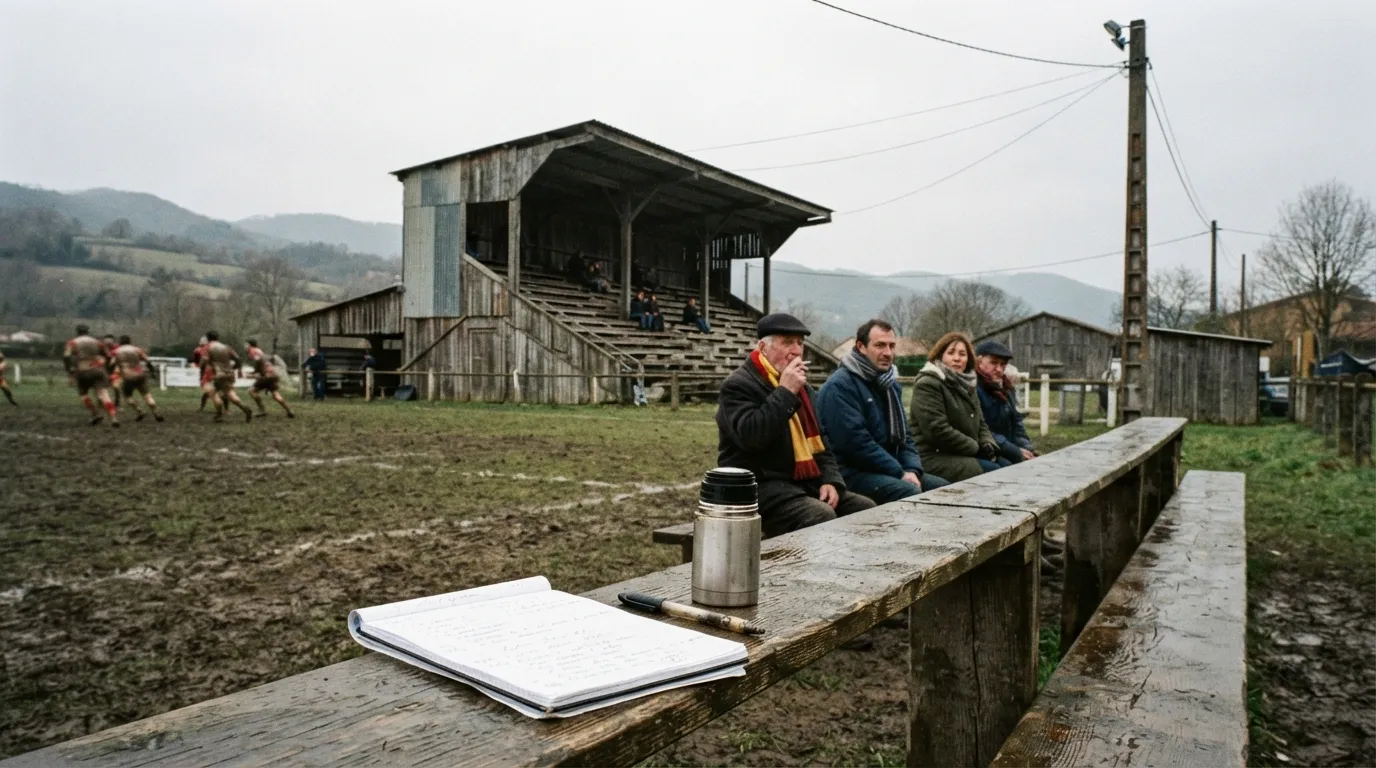 Tribune en bois d’un terrain de rugby de village, carnet et thermos posés sur le banc
