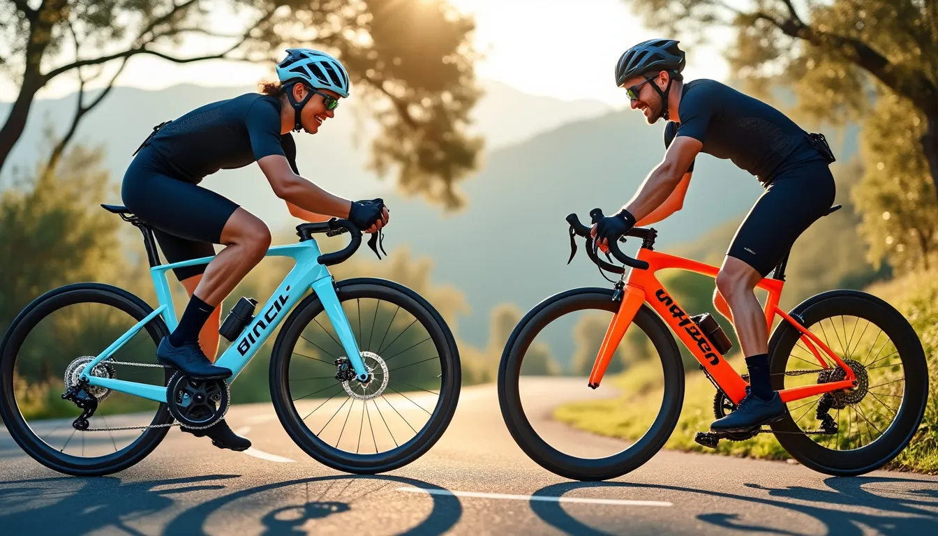 Deux cyclistes en danseuse sur une route de campagne, vélo bleu ciel et vélo orange