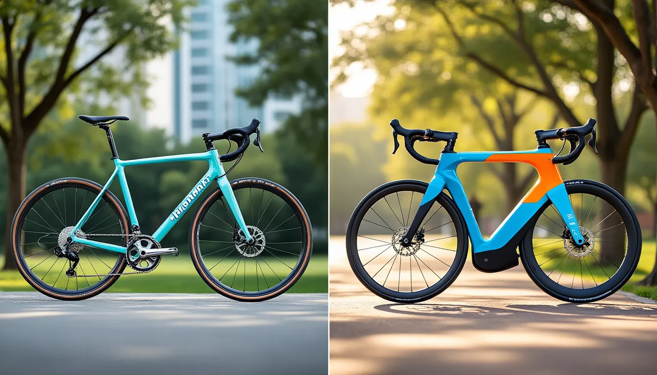 Deux vélos de route côte à côte dans un parc, cadre céleste à gauche et cadre bleu et orange à droite