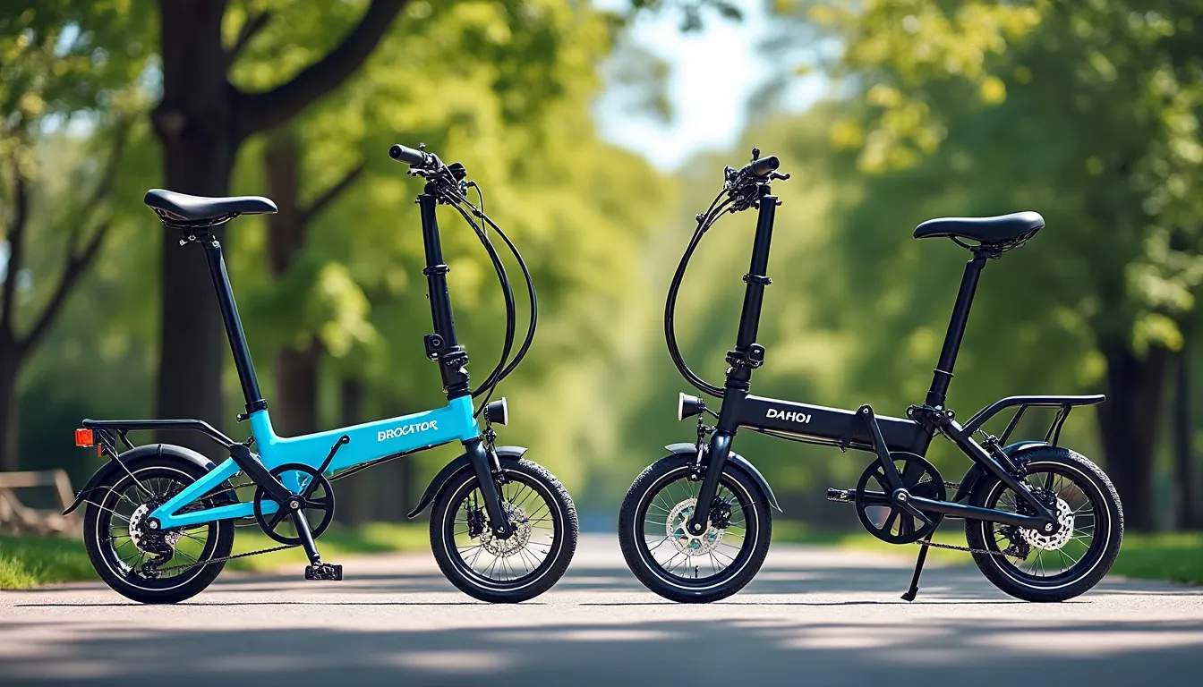 Trois vélos pliants alignés sur une allée bordée d'arbres, dont un modèle bleu turquoise