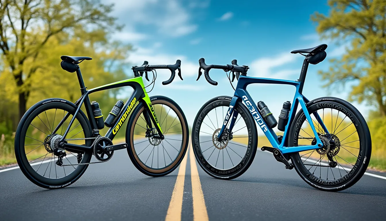 Deux vélos de route dressés sur la ligne médiane d'une route, cadre noir et vert et cadre bleu