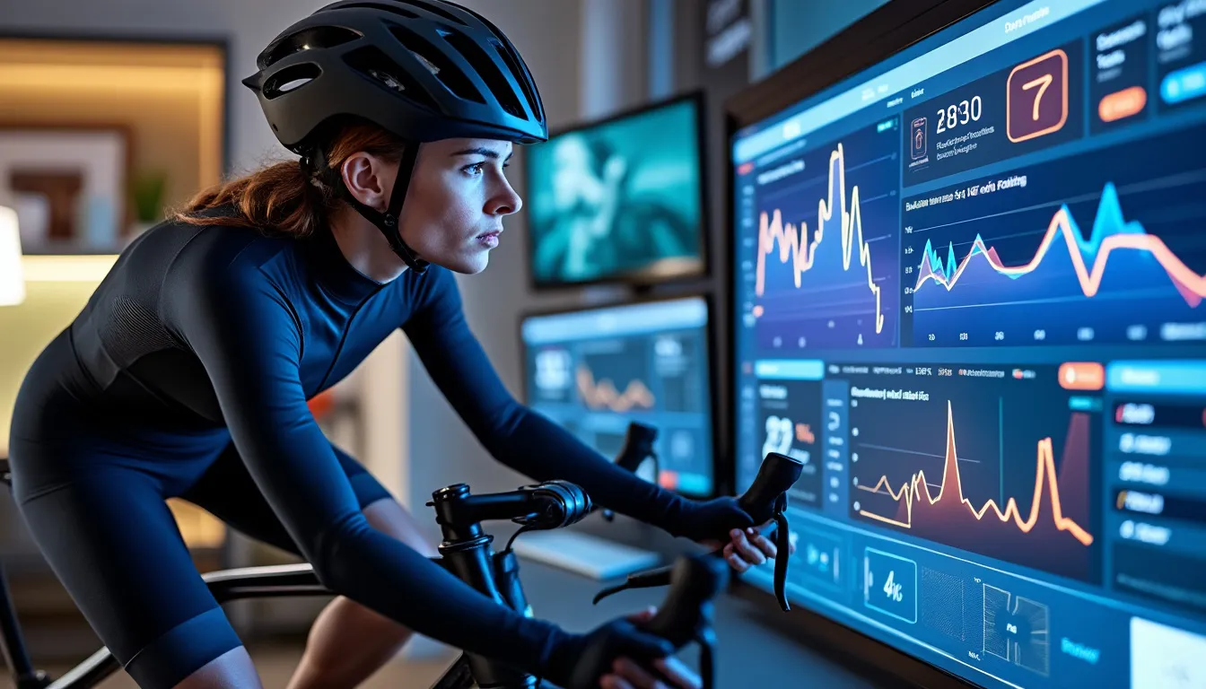 Cycliste sur home trainer devant de grands écrans de statistiques d'entraînement