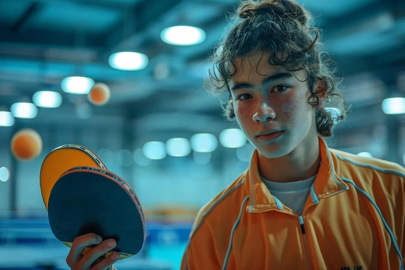Jeune pongiste en maillot orange tenant sa raquette dans une salle