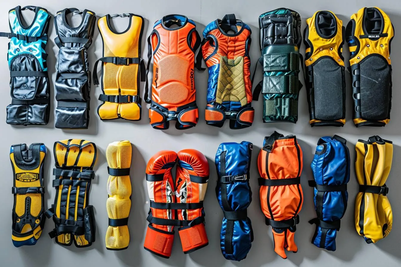 Plastrons, protège-tibias et gants de combat colorés étalés au sol