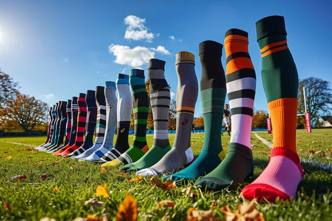 Rangée de chaussettes de rugby hautes et colorées alignées sur la pelouse