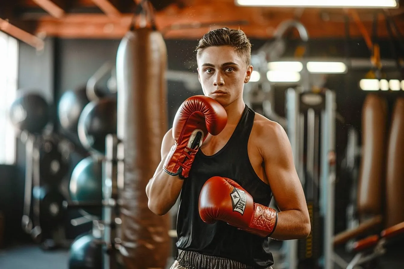 Jeune boxeur en gants rouges en garde dans une salle de sport
