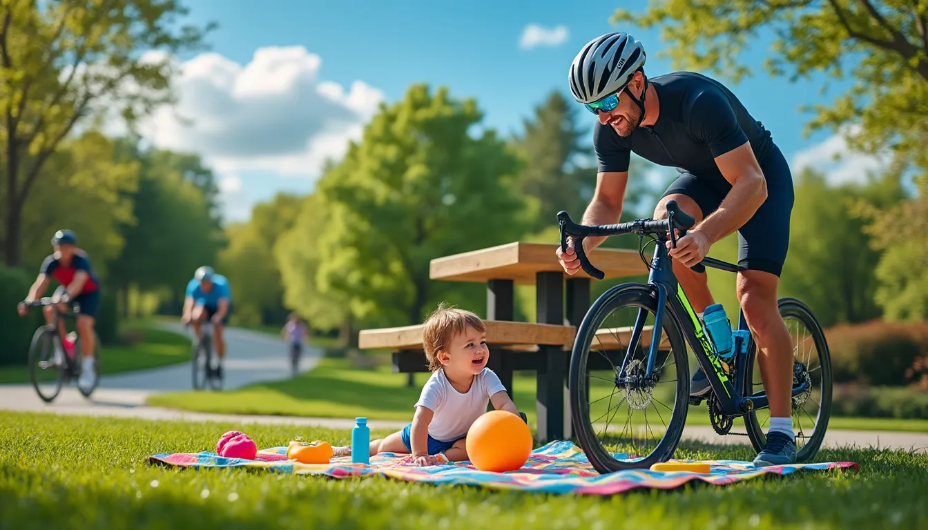Père réglant son vélo près d'une table de pique-nique, bébé jouant au ballon sur une couverture