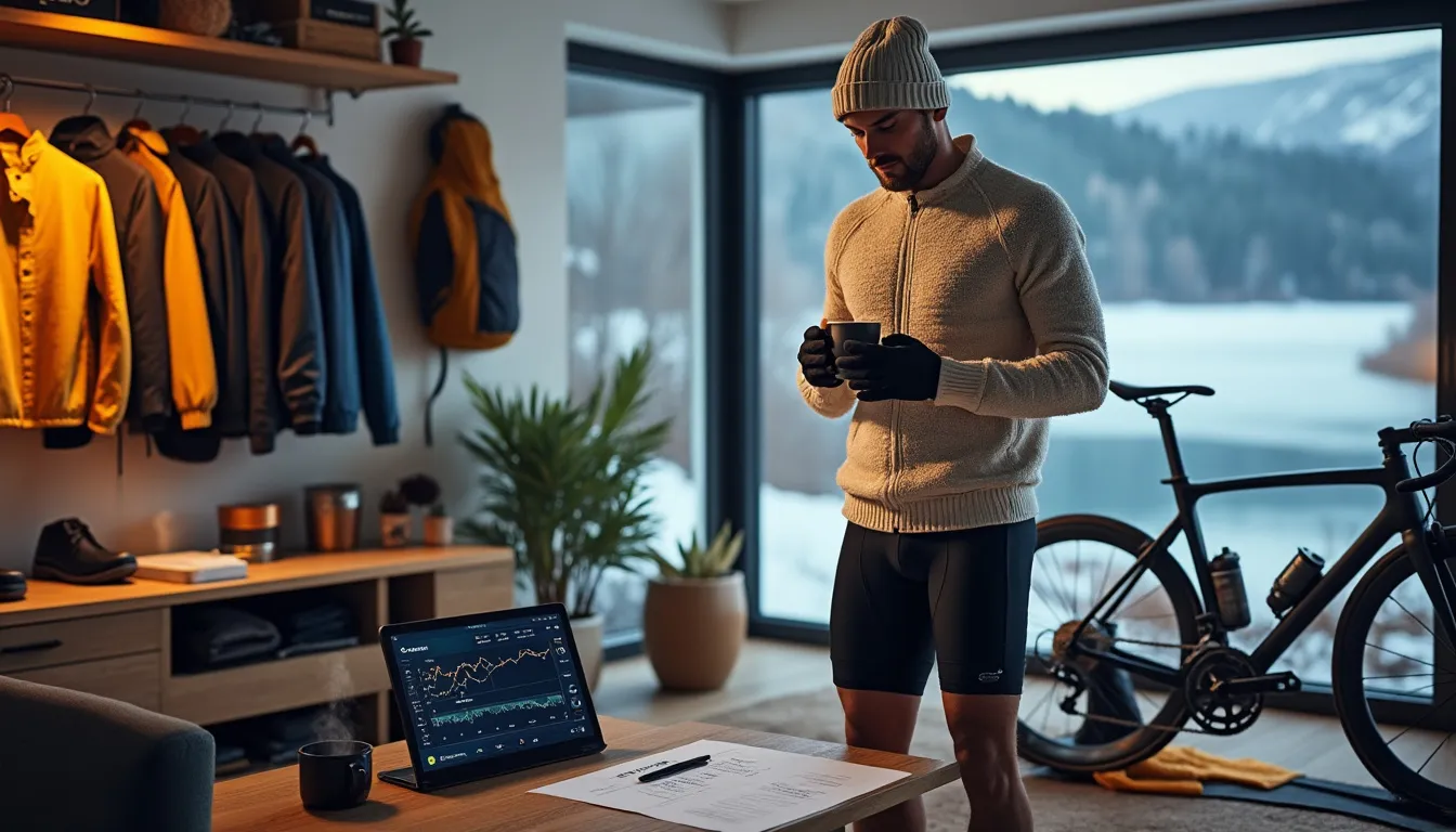Cycliste en bonnet consultant ses données à côté de ses vestes suspendues, lac gelé derrière la baie vitrée