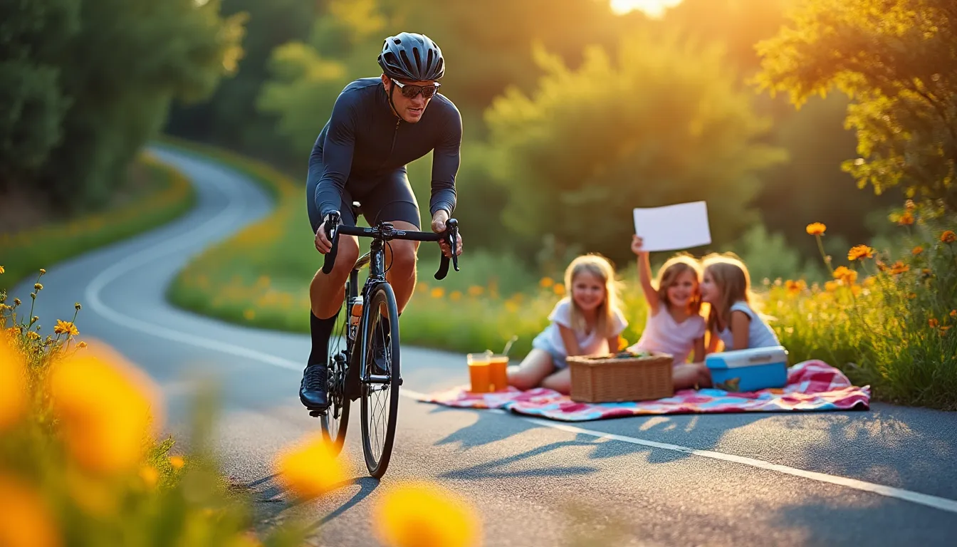 Cycliste sur une petite route sinueuse, sa famille pique-nique dans les fleurs au second plan