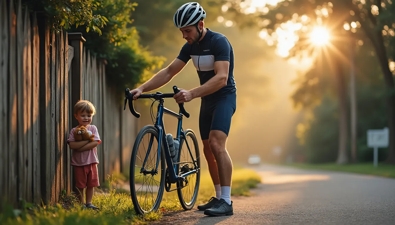 Père vérifiant son vélo au bord de la route au soleil couchant, enfant souriant près de la clôture