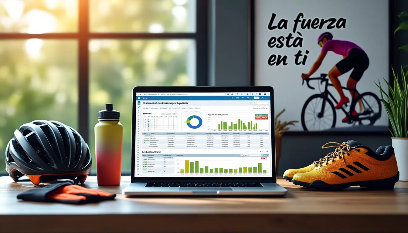 Bureau avec tableur d'entraînement ouvert sur un portable, casque et chaussures orange posés à côté