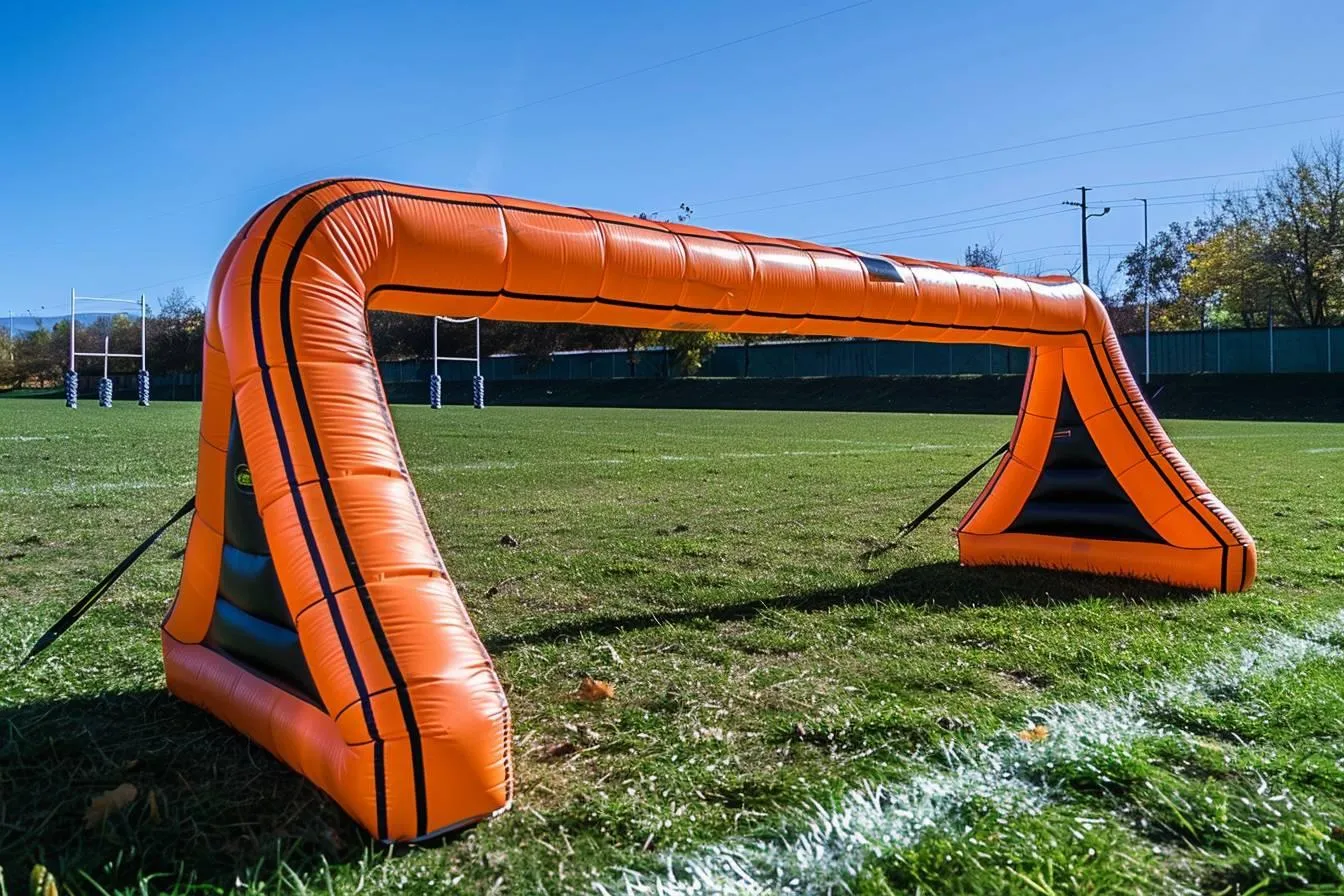 Portique d'entraînement gonflable orange dressé sur un terrain de rugby