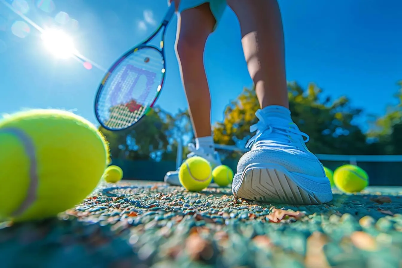 Gros plan sur des balles de tennis et une raquette aux pieds d'une joueuse