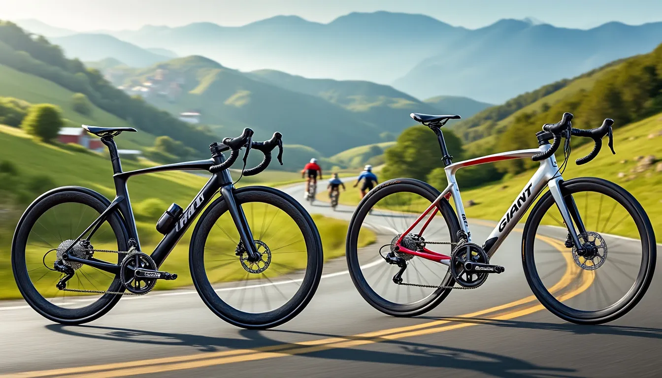 Deux vélos de route posés sur une route de moyenne montagne, peloton au loin