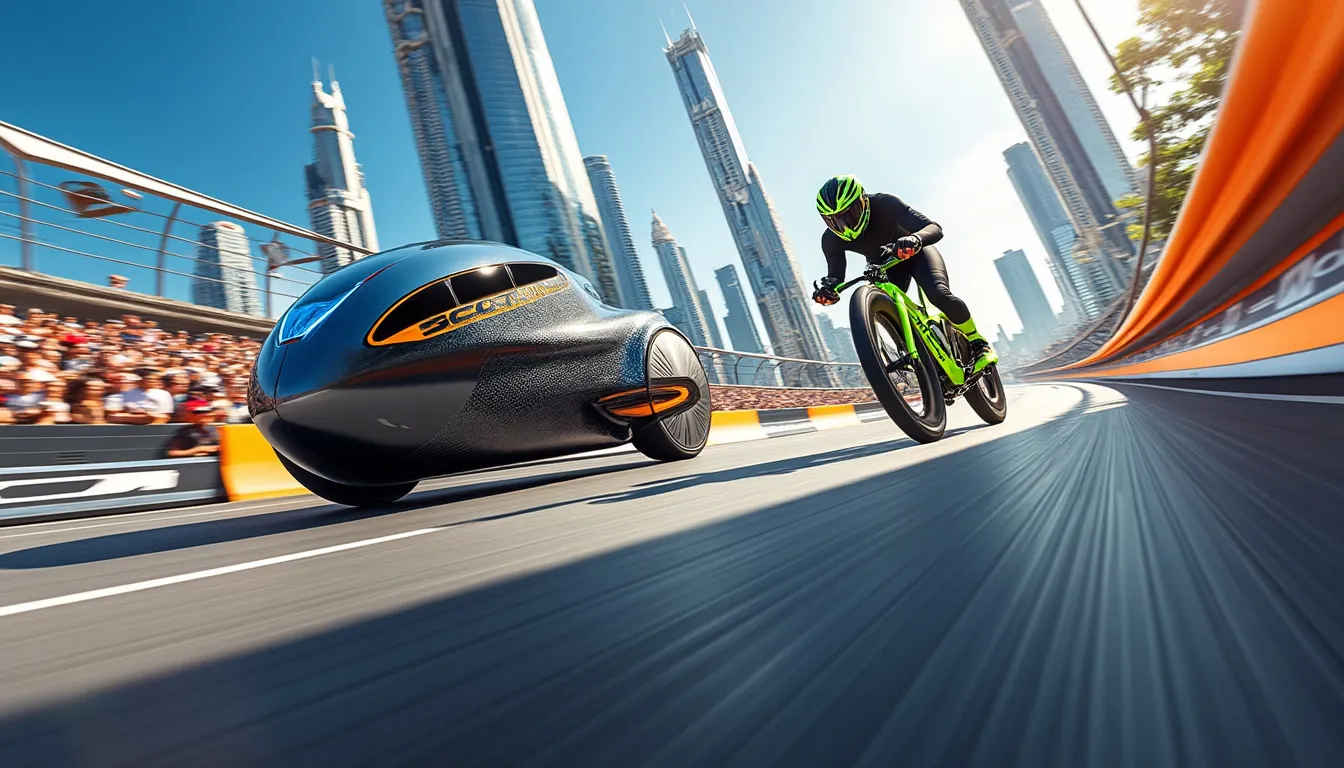 Vélo caréné futuriste et coureur en vert lancés sur une piste urbaine, gratte-ciel en toile de fond