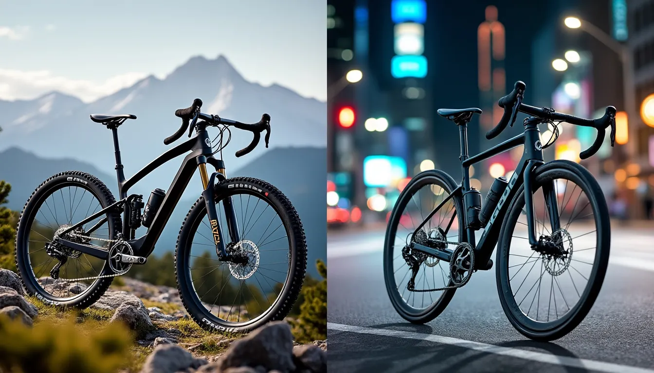 Deux vélos en montage double, l'un devant des sommets, l'autre en ville de nuit