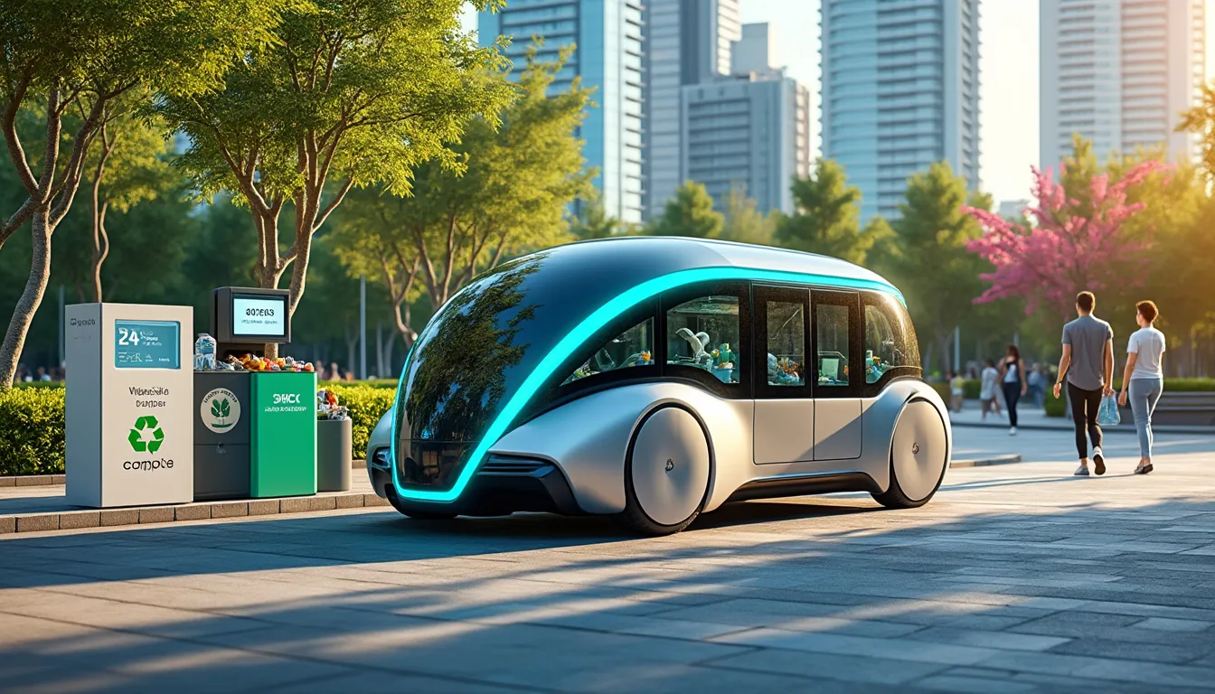 Véhicule de collecte futuriste aux parois vitrées stationné sur une place arborée, bornes de tri à gauche