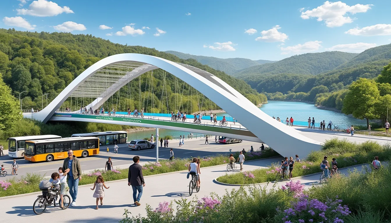 Vue d'artiste d'une passerelle blanche enjambant le fleuve, promeneurs, cyclistes et bus au premier plan