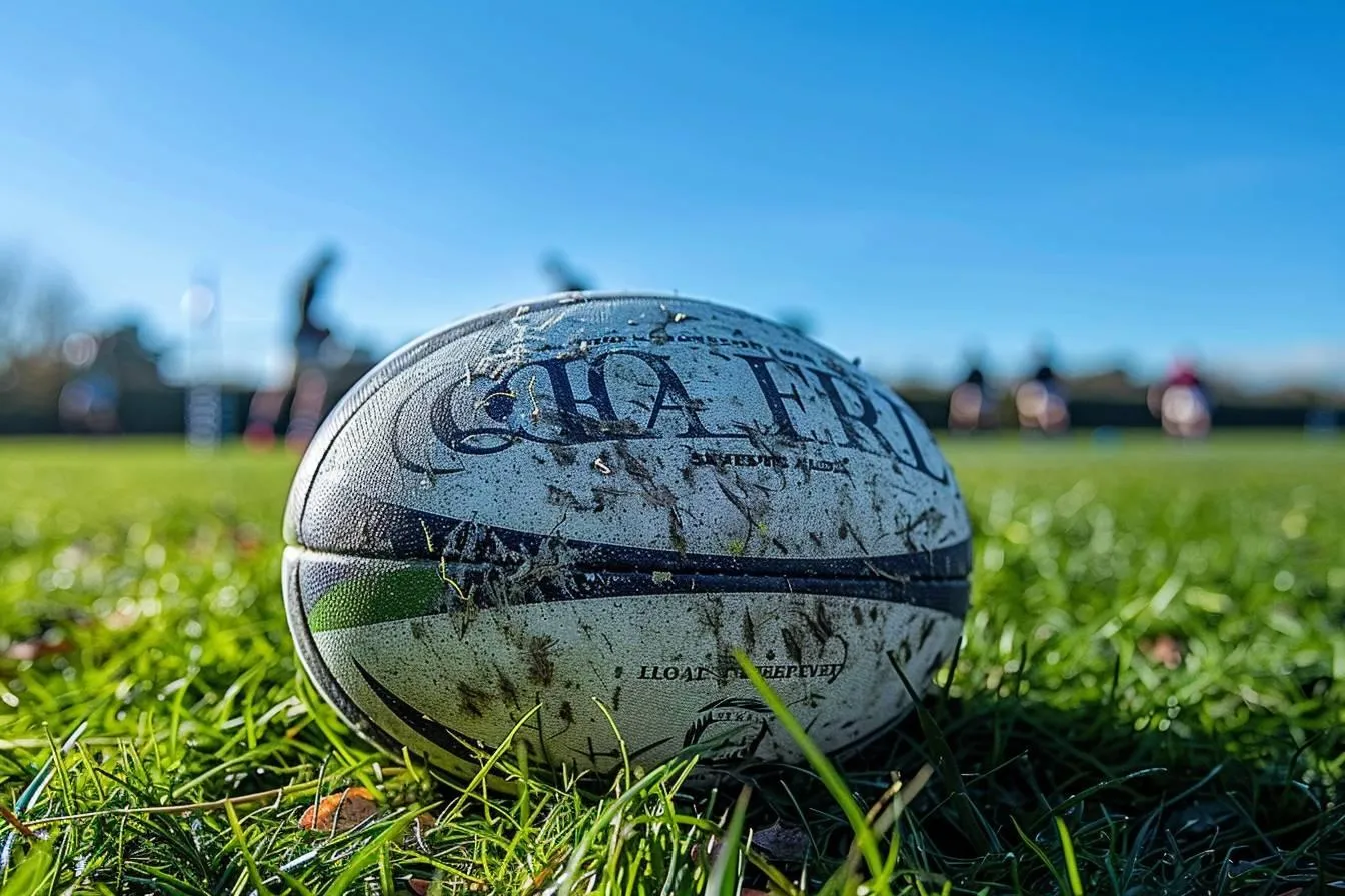 Ballon de rugby patiné posé dans l'herbe d'un terrain, en-but flou à l'arrière