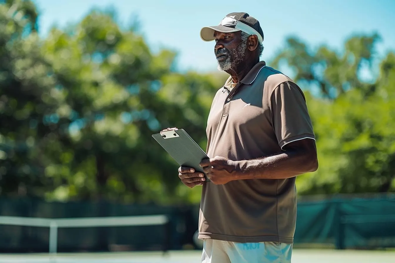 Entraîneur de tennis, casquette blanche et planchette en main, au bord du court