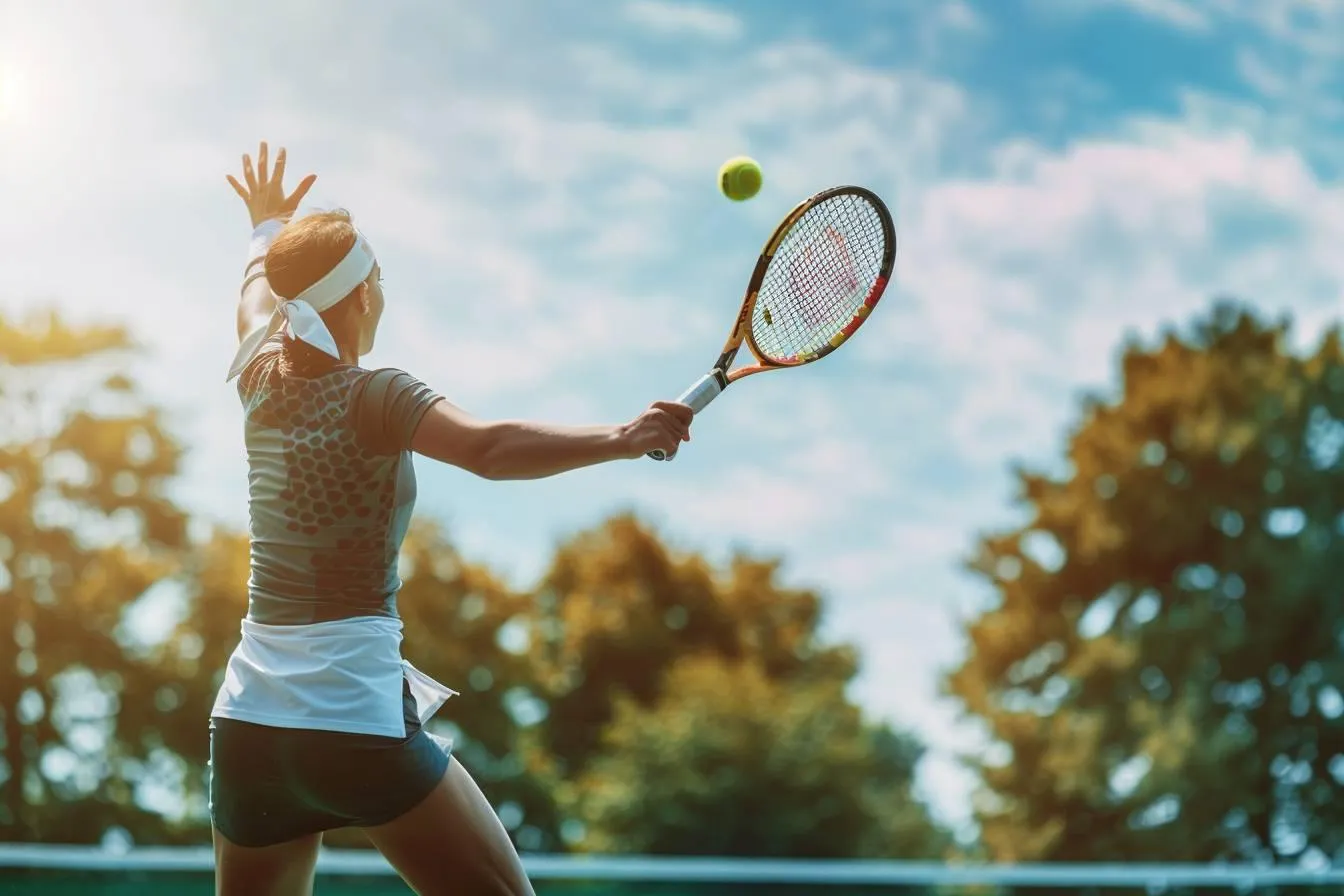 Joueuse de tennis en blanc frappant un coup droit sous le soleil