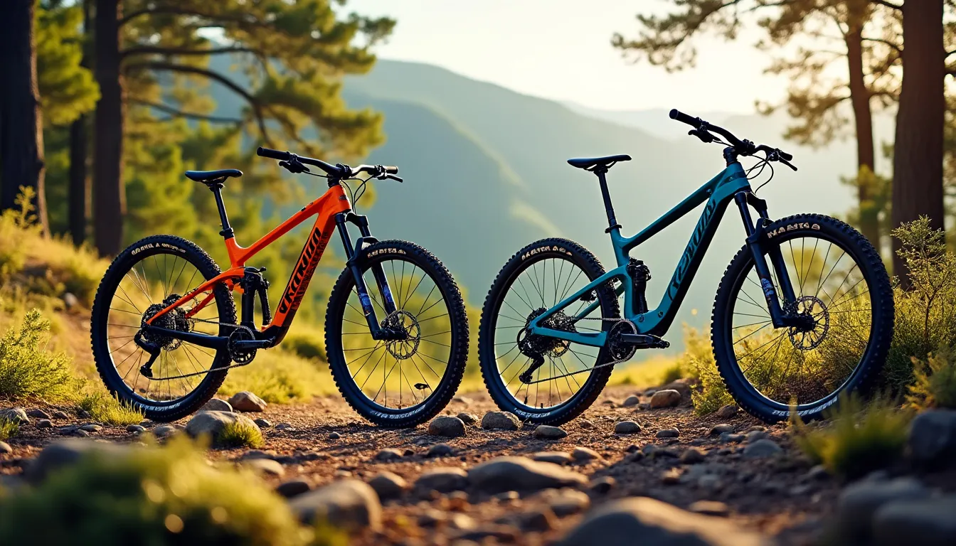VTT rouge et VTT bleu posés sur un sentier caillouteux en forêt de pins