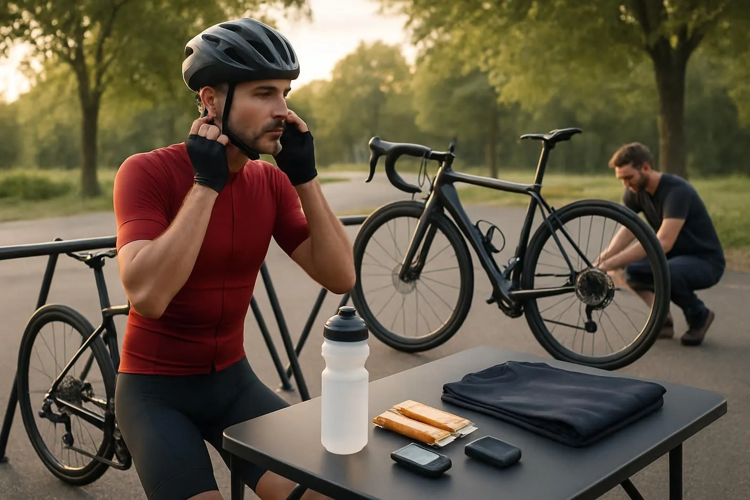 Coureur en maillot rouge ajustant son casque avant le départ, mécanicien penché sur un vélo derrière