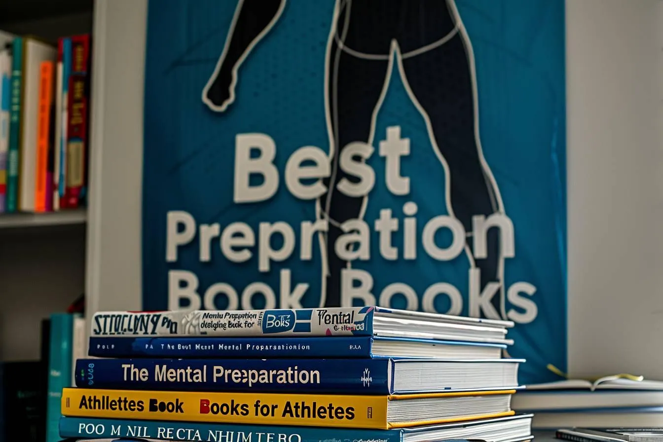 Pile de livres de préparation mentale pour athlètes devant une affiche bleue