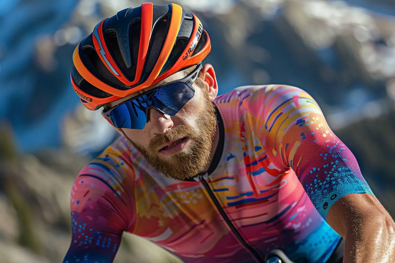Cycliste en maillot rose à motifs colorés, casque orange et lunettes bleues
