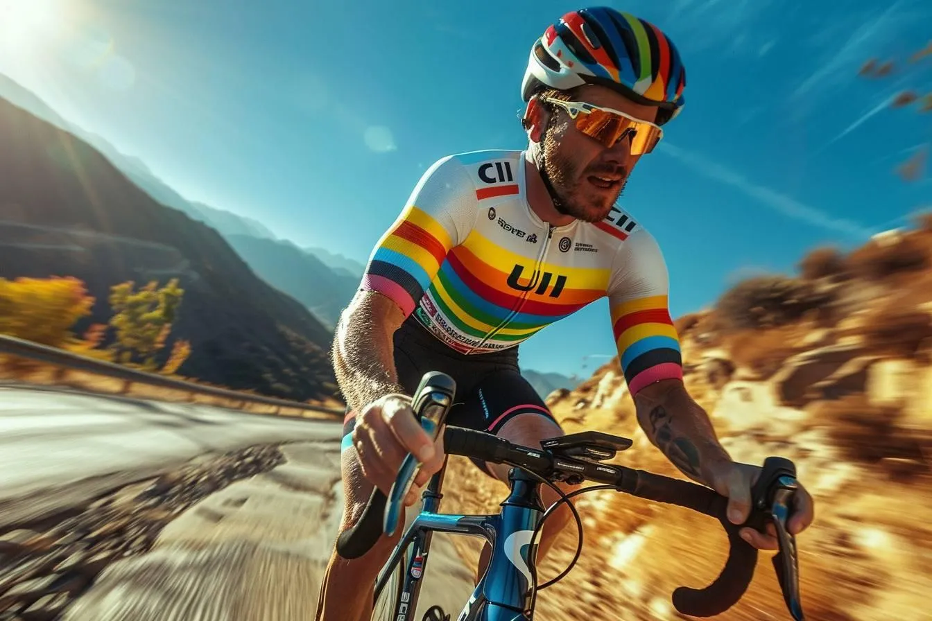 Cycliste portant le maillot arc-en-ciel de champion du monde, casque multicolore et lunettes de soleil