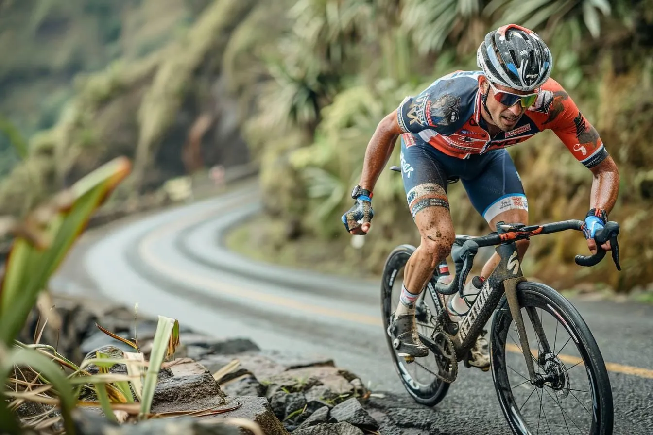 Coureur en maillot rouge et noir dans un lacet de montagne, penché sur son vélo de route