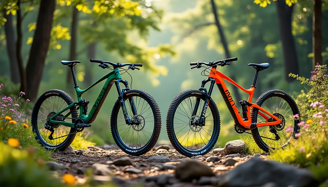 VTT vert et VTT orange face à face sur un sentier fleuri