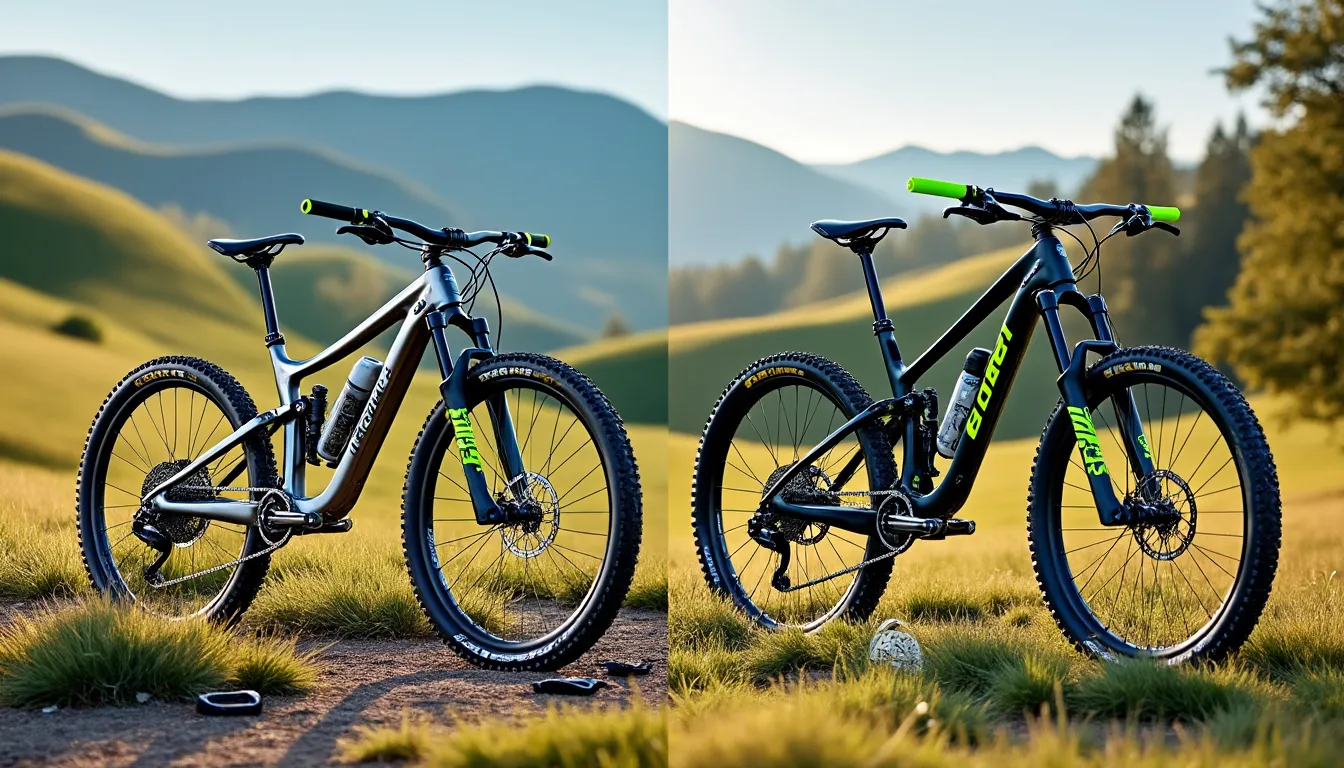 Deux VTT en montage double sur fond de collines verdoyantes